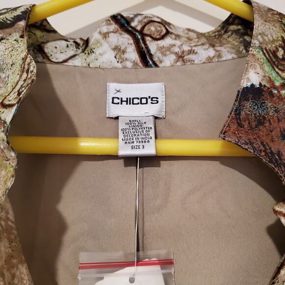 NWT Chico’s 100% Silk Abstract Print Jacket Sz 3 (XL/16) Brown/Teal - Picture 3 of 6